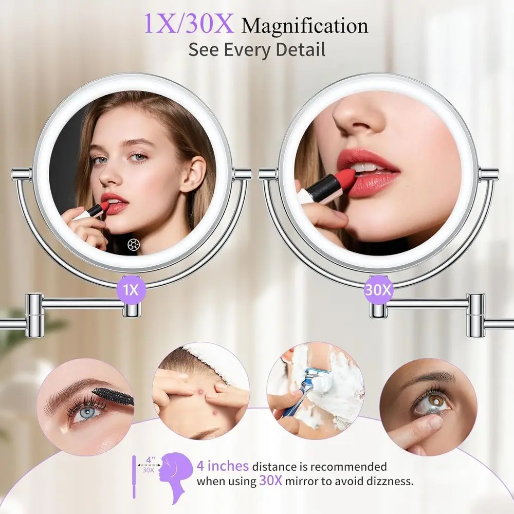 Beleuchteter Kosmetikspiegel mit 30-facher/1-facher Vergrößerung, 3 Farbmodi, dimmbar, 360° °   Dreharm für Badezimmer und Pflege