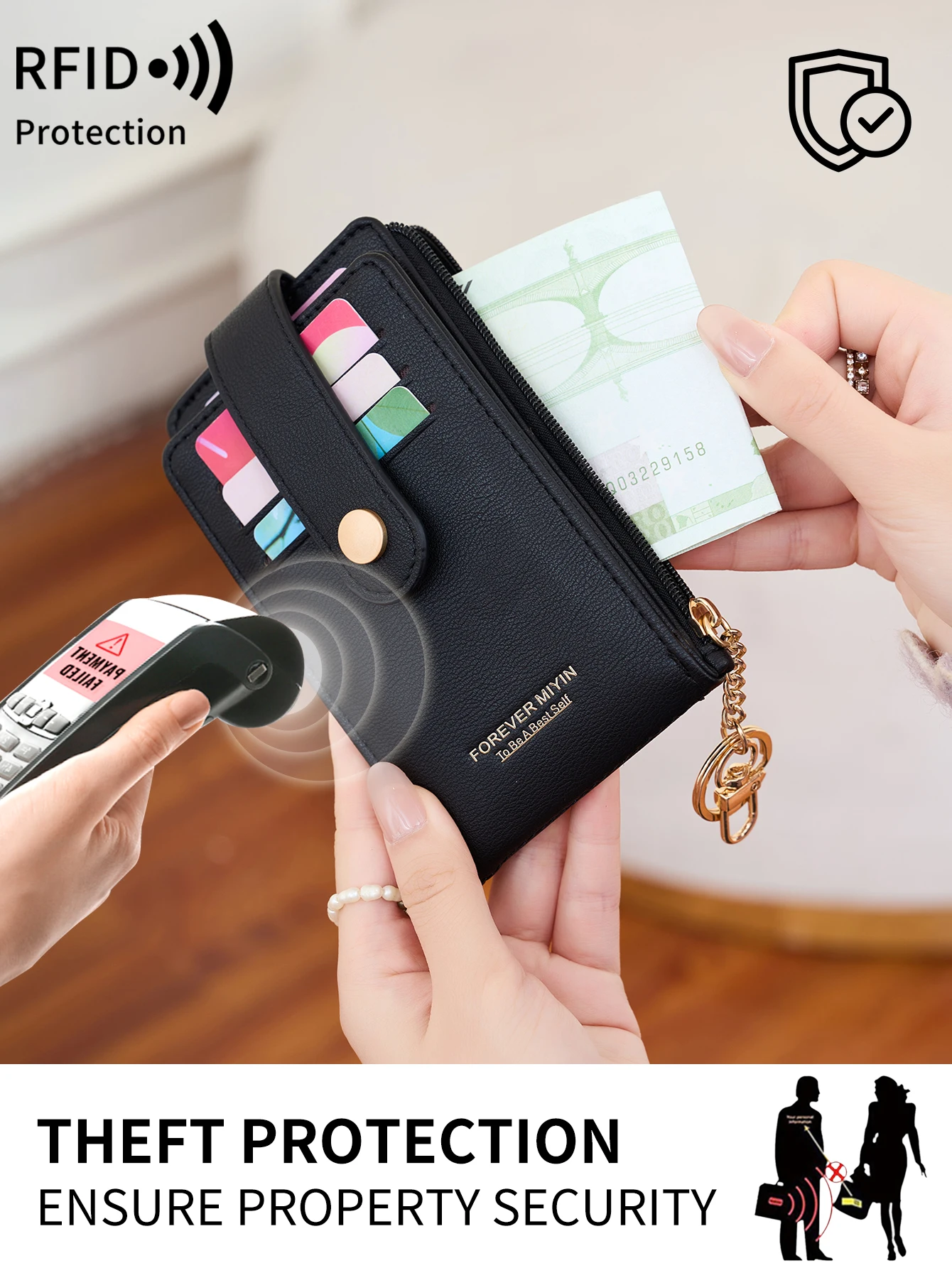 Stylish vertical folding card holder ultrathin womenswallet bifold multi-card holder zippered coin purse clutch bag with keyring