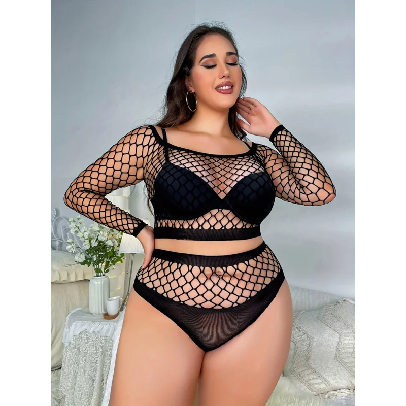 플러스 사이즈 섹시 란제리 세트 여성용 긴 소매 fishnet 자르기 탑 & 팬티 란제리 투피스