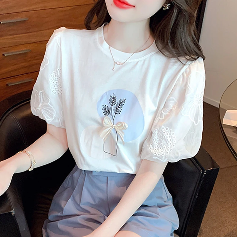Lace Bubble Sleeve T-Shirt Women Summer New Fashion Short Sleeve Print Top Youthful Small Shirt Cute Japanese Style Loose Fit