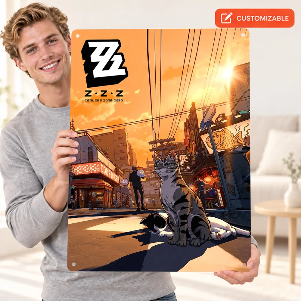 Zenless Zone Zero Cat Aluminum Poster Personalized Metal Sign Cel Shaded Illustration Wall Art For Reading Corner Anime Fan Gift