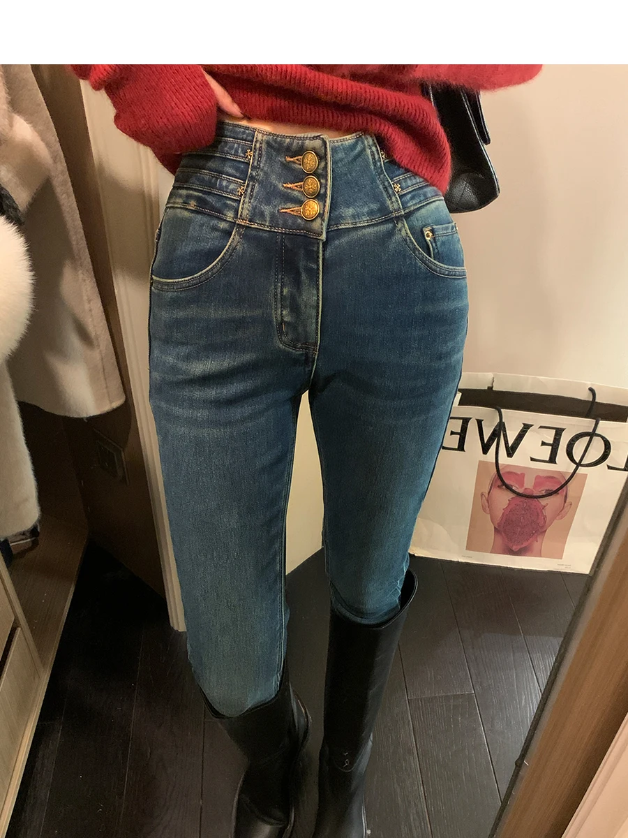 MUKOK High Waist Thick Fleece Denim Pants Women's Slim Fit Jeans High Elasticity Winter Fashion Washed Cotton Velvet Trousers