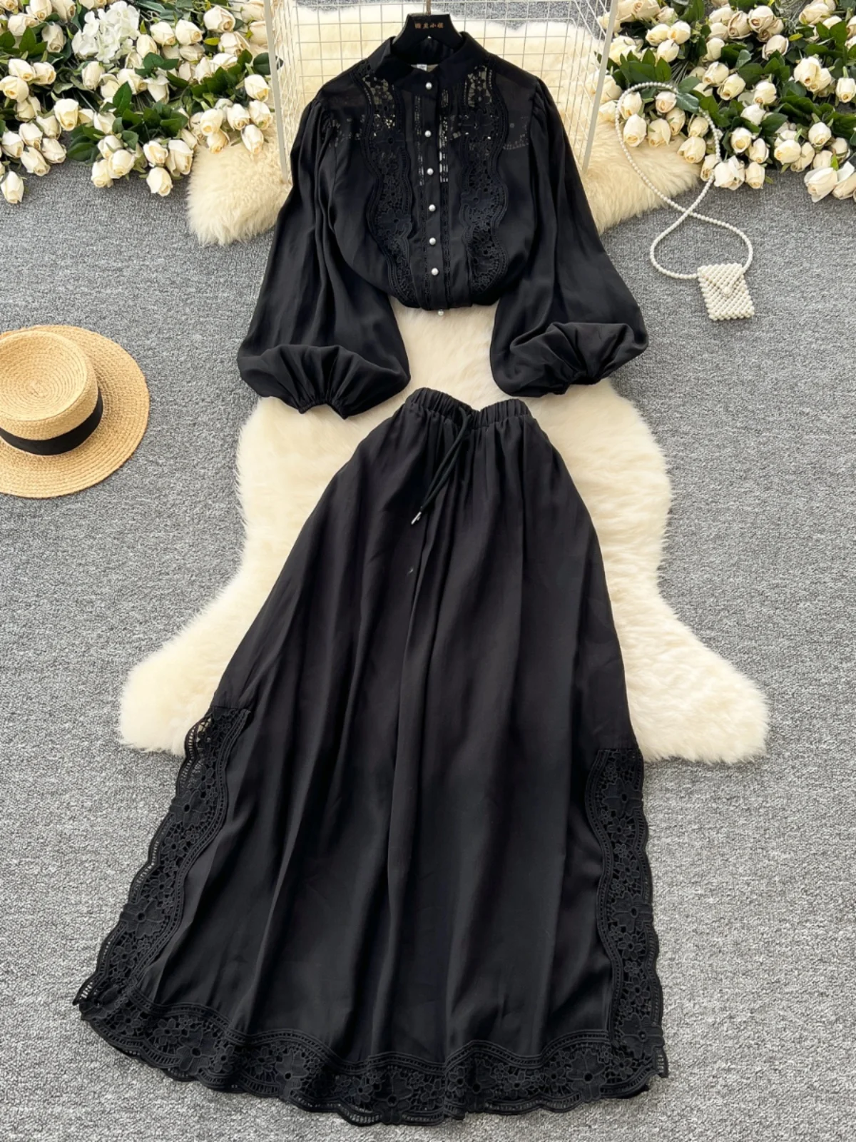 Ele Hollow out Lace Patchwork Lantern Sve irt Set Rok Belah Pinggang Tinggi Wanita Vintage Chic Sle untuk Pemuda...