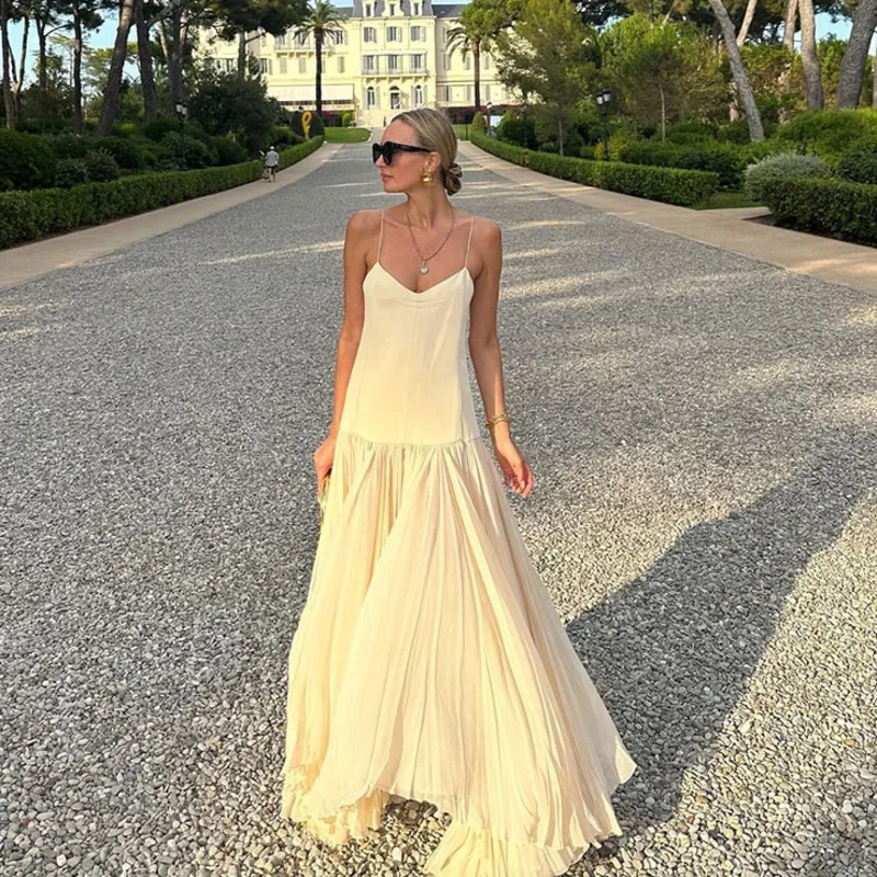 

Женское плиссированное платье макси, элегантное Сетчатое платье составного кроя с V-образным вырезом, открытой спиной, без рукавов, на бретельках, пикантное пляжное платье