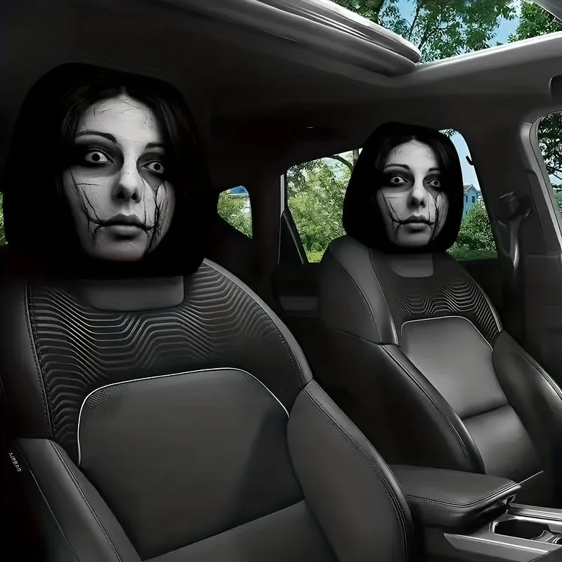 2 Stück Auto-Kopfstützenbezüge mit Totenkopf-Print, universell, elastisch, Horror-Gesicht, waschbar, staubdicht, schützende Dekorhülle