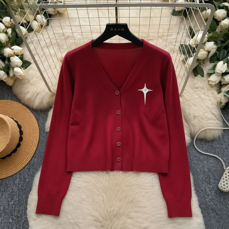 Women Elastic Solid Knit Cardigan Sweater V‑Neck Star and Button Long Sleeve Cropped Casual Ladies Soft Fashion Outerwear Top
