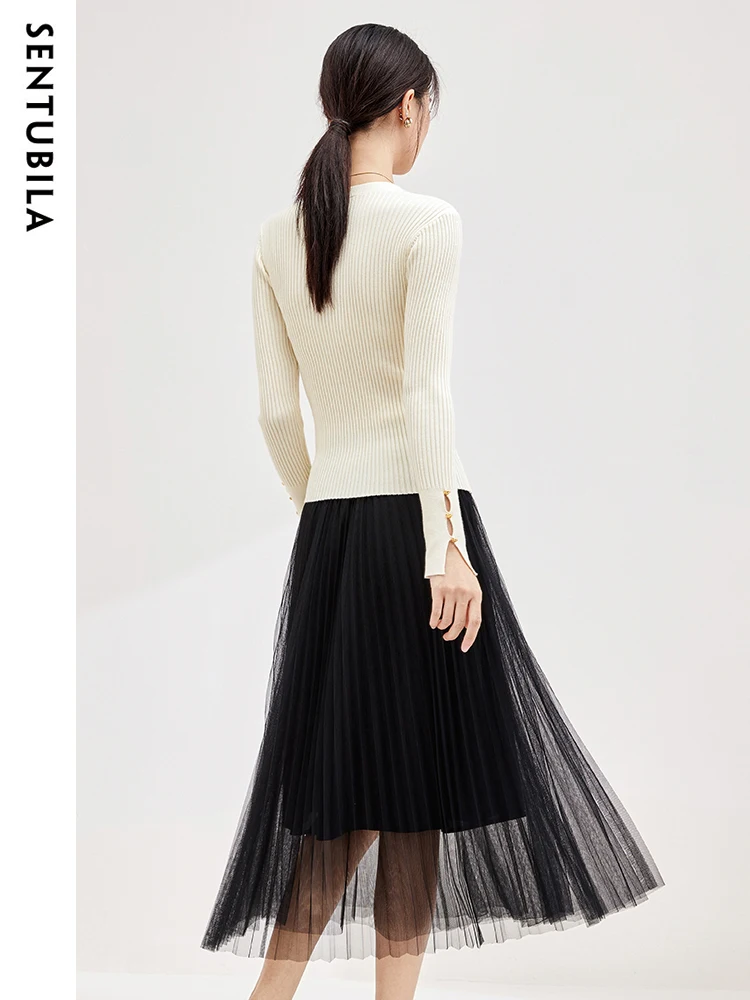 SENTUBILA 2024 Spring Elegant Mesh Skirt Set Women Knitted Slim V-neck Tops Female Midi Fluffy Skirts 2 Pieces Sets 733Z51563