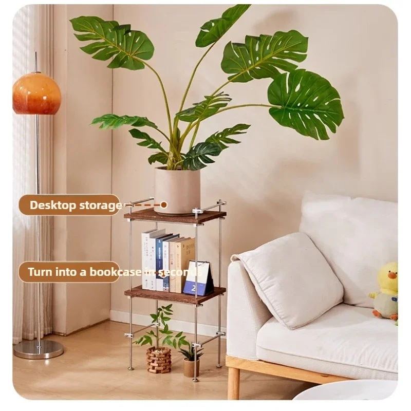 Solid Wood Floor Plant Stand Acrylic Optical Axis Flower Shelf Adjustable Stainless Steel Storage Rack for Indoor Home Decor