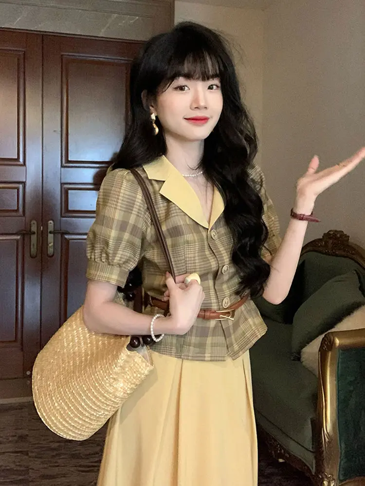 

Korea Shirts Skirt Two Piece Set Women Retro Puff Sleeve Sweet All-Match Slim Cropped Daily Plaid Sexy Leisure