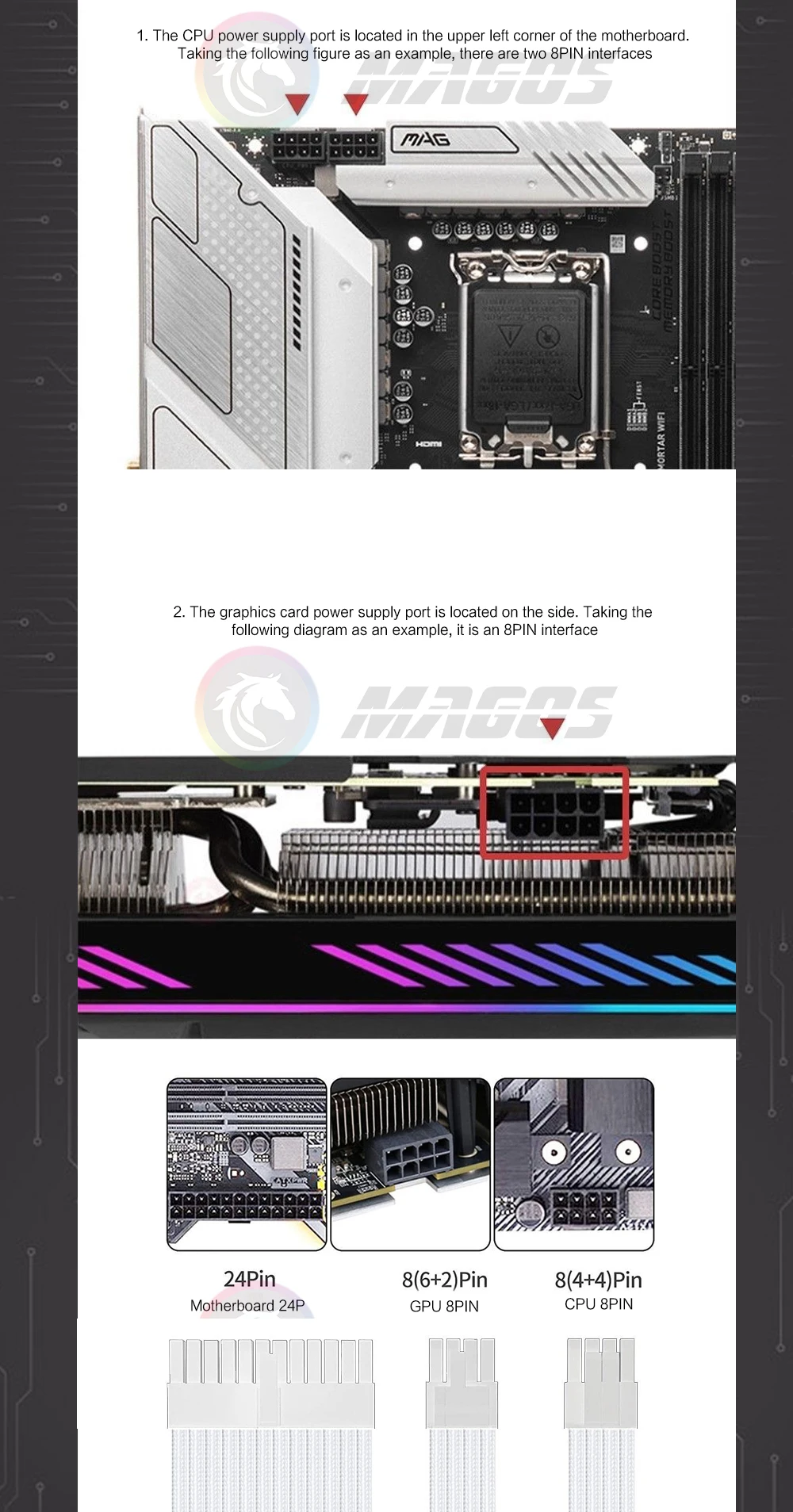 Netzteil-Verlängerungskabel für Computergehäuse, Länge 300 mm, ATX-24Pin/PCI-E 8Pin/CPU 8Pin 18AWG Netzkabel mit Kämmen, mehrfarbig – Detail 4