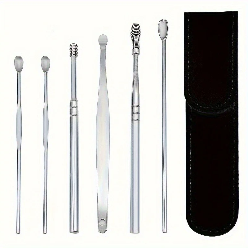 6-Pack Stainless Steel Earwax Cleaning Tools Set Portable Keychain Design Adult Ear Care Safety Anti-Slip Painless Ear Pick K...