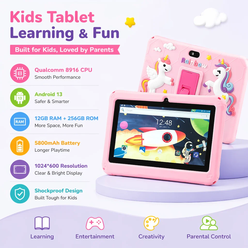 7 Inch Cartoon Kids Tablet Android13 12GB+256GB WIFI Parental Control Shockproof Children Educational Learning Tablet Gift