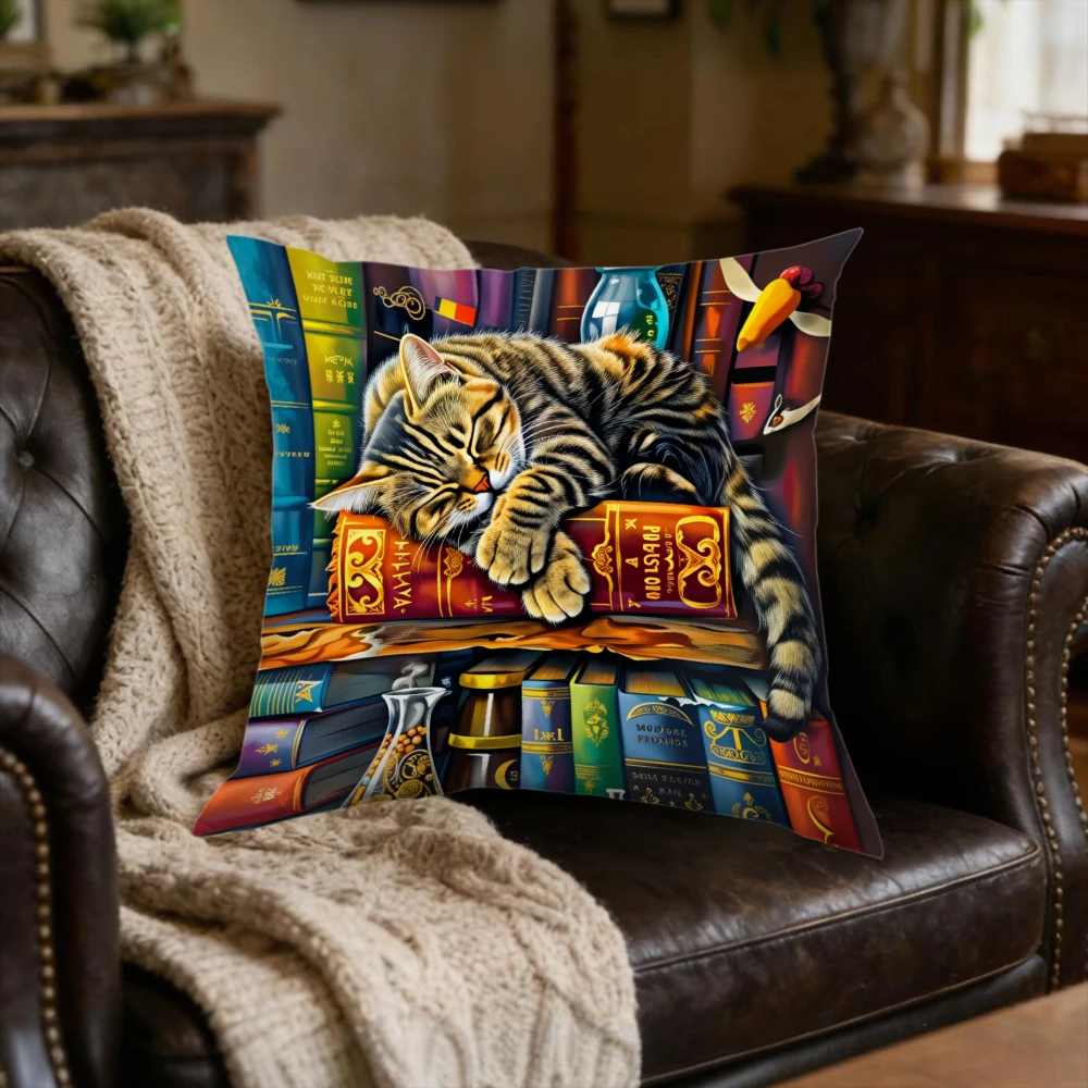 1pc Vintage Style Cushion Cover Multicolor Sleeping Tabby Cat On Books Pillowcase For Sofa Bedroom Decorative Home Decor Soft