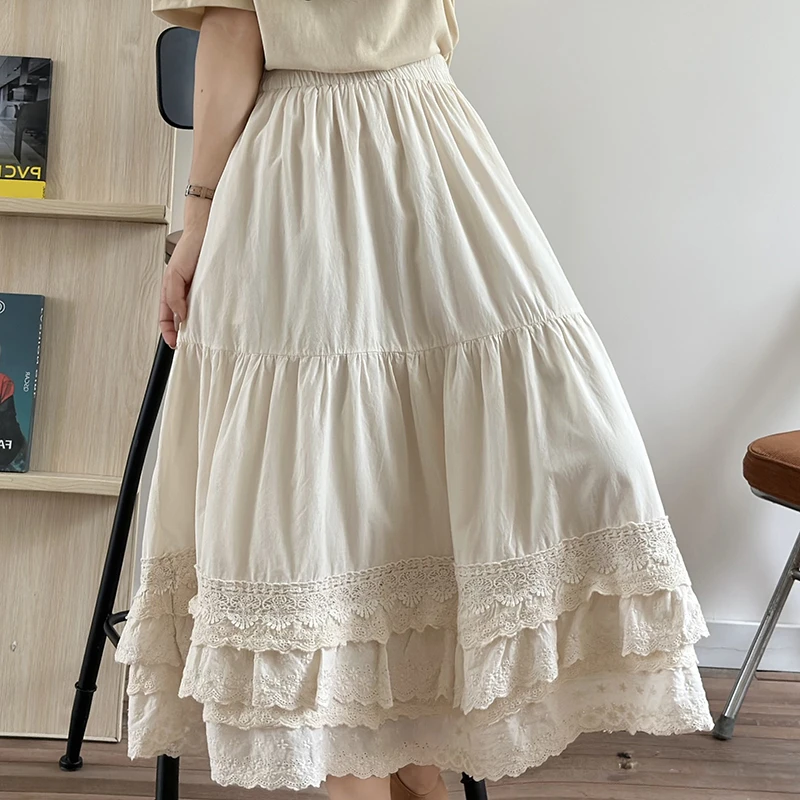 2026 New Arrival Spring/summer Korean Style Women Loose Casual A-line Skirt Lace Patchwork 100% Cotton Mid-calf Skirts T89