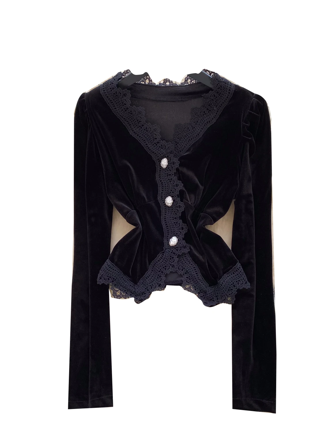 Kardigan damski z aksamitu, z koronkowym wykończeniem, rozpinany, długi, luźny, z perłowymi guzikami, wyszczuplający, w stylu koreańskim...