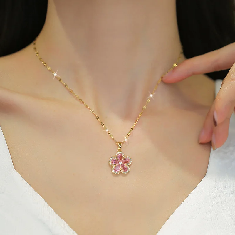 High Grade Cherry Blossom Zircon Jewelry Sets Stainless Steel Trendy Flower Pendant Necklace Earrings Party Gifts For Women Girl