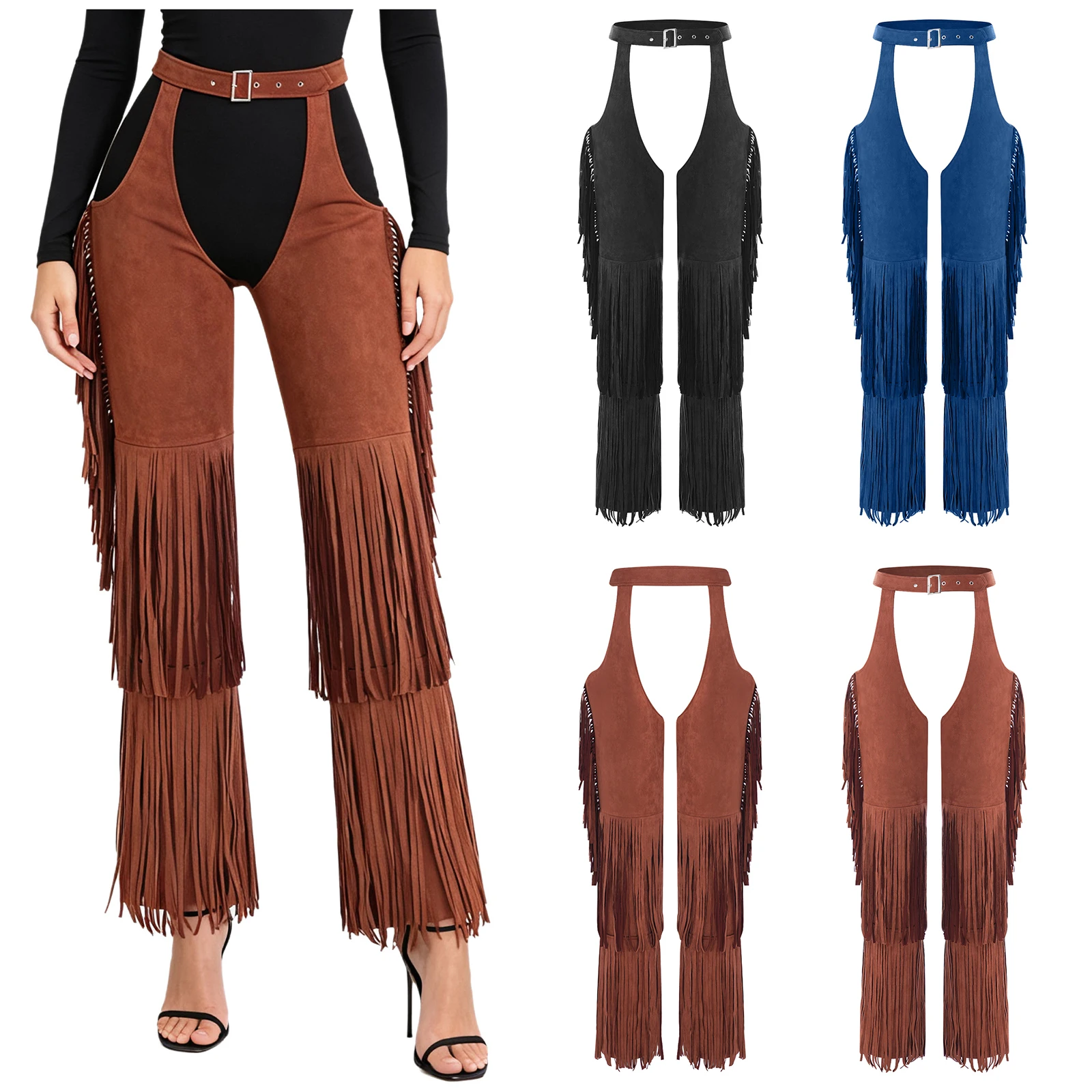 Womens Equestrian Horse Riding Show Pants Adjustable Waist Tiered Tassels Open Crotch Chaps Trousers for Trick Riding Rave Party view 4