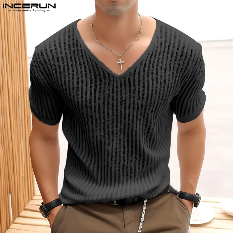 INCERUN-Tops de estilo coreano para hombre, camisetas a rayas con cuello en V ligeramente transparentes, Camiseta informal de manga corta, S-5XL 2024