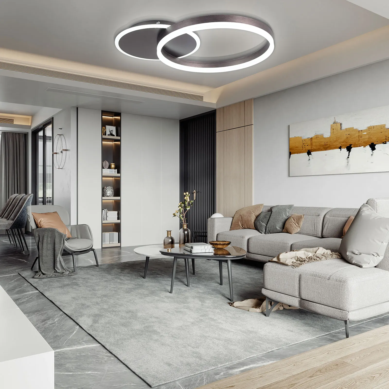 Modern Round LED Ceiling Light LED Chandelier 2 Circle Rings Ceiling Light Fixture for Living Room with Installation Manual