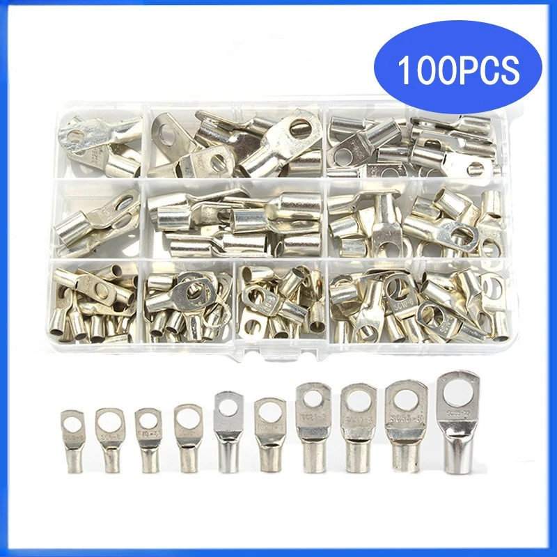 100Pcs/Box Tin-Plated SC Open Barrel Lugs Pure Copper Crimp Cable Terminals Kit
