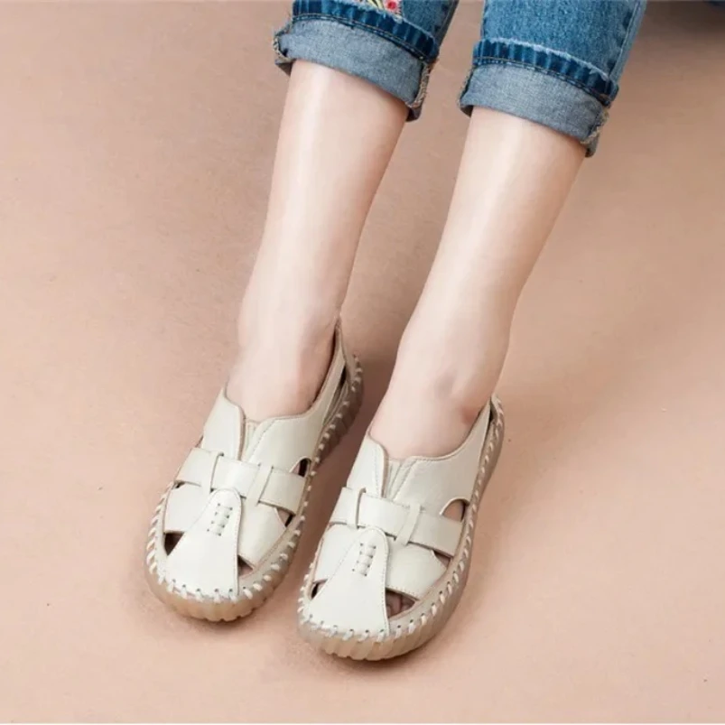 

2025 женские сандалии, летняя женская обувь из натуральной кожи, сандалии ручной работы, женская обувь, обувь для мам в стиле ретро, модная женская обувь на плоской подошве
