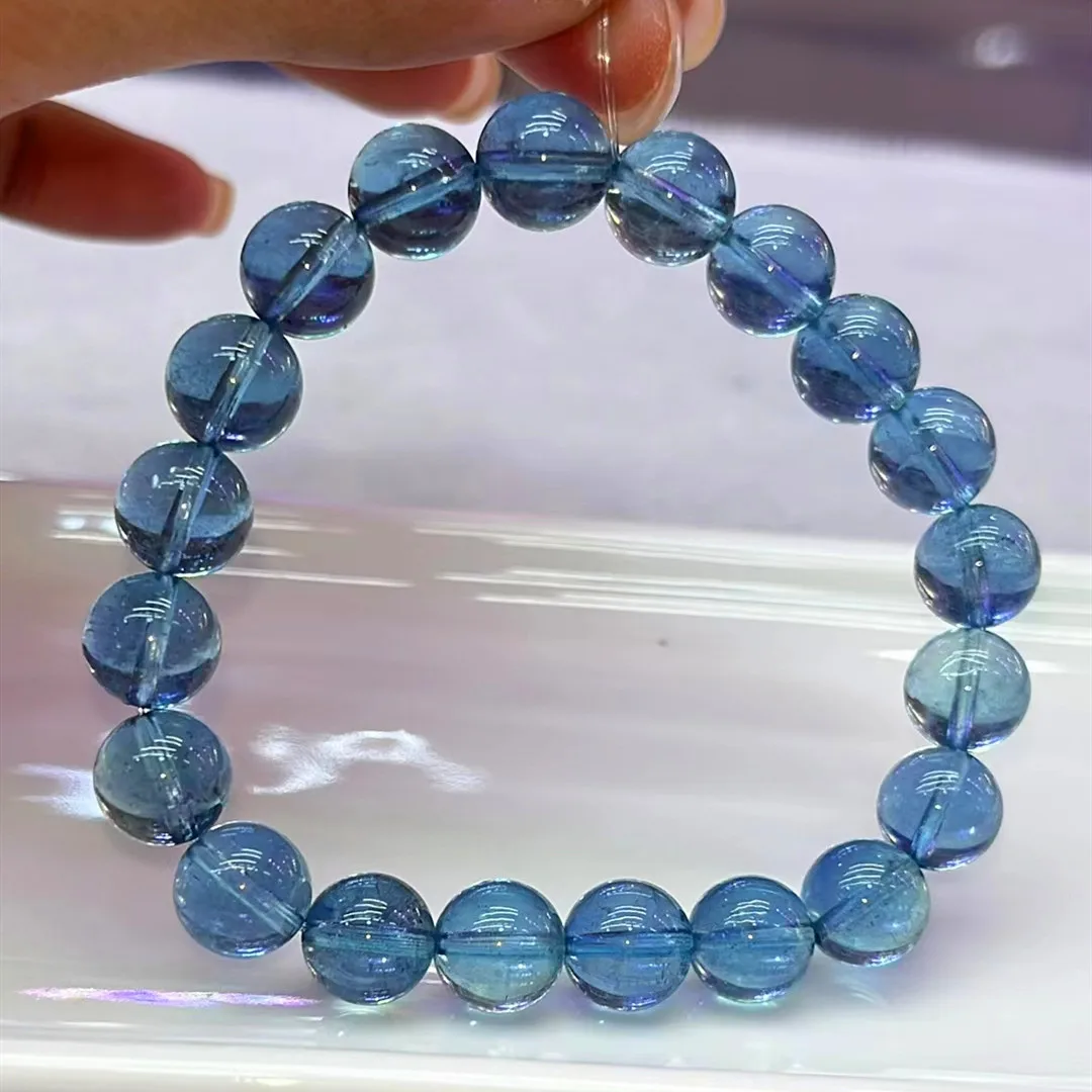 

Natural Blue Aquamarine Clear Round Beads Bracelet 9.8MM Women Men Gift Fashion Brazil Deep Blue Aquamarine Jewelry AAAAA