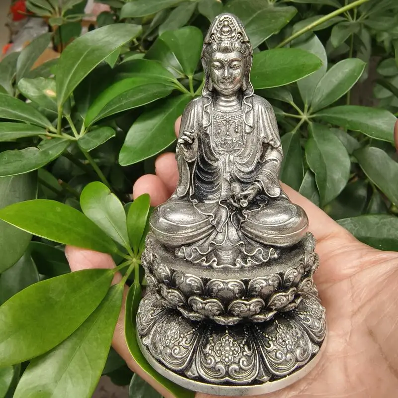 

Antique silver plated Guanyin Bodhisattva Avalokitesvara Buddha statue home Buddhist hall enshrined ornaments retro handicraft