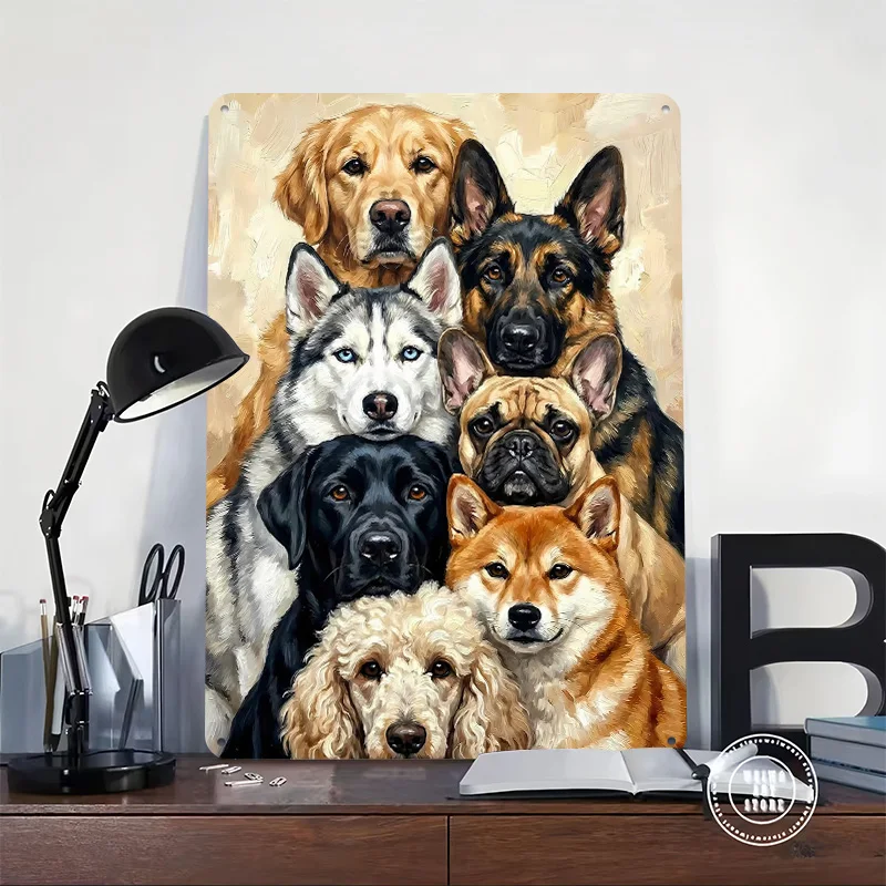 Group Portrait of Various Dog Breeds Poster Customized Vintage Metal Signs Wall Art Retro Tin Plaque for Room Decoration Decor