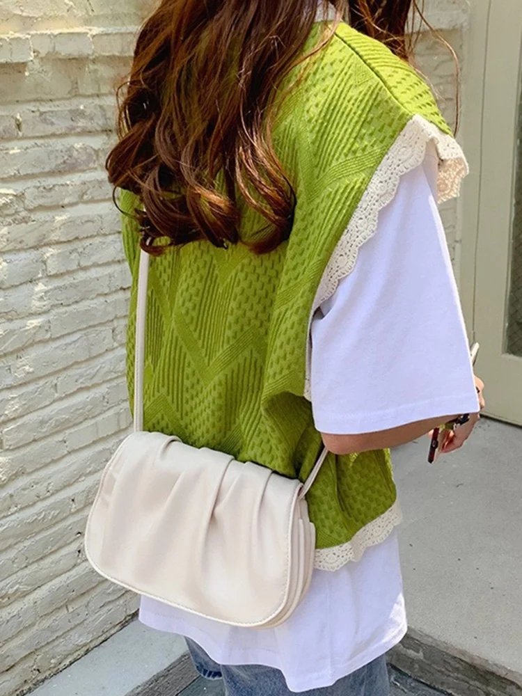 Hot Sale Women Simple Solid Ruched Saddle Bag Girls Korean Chic Versatile Cloud Bag Female High Quality Messenger Bag