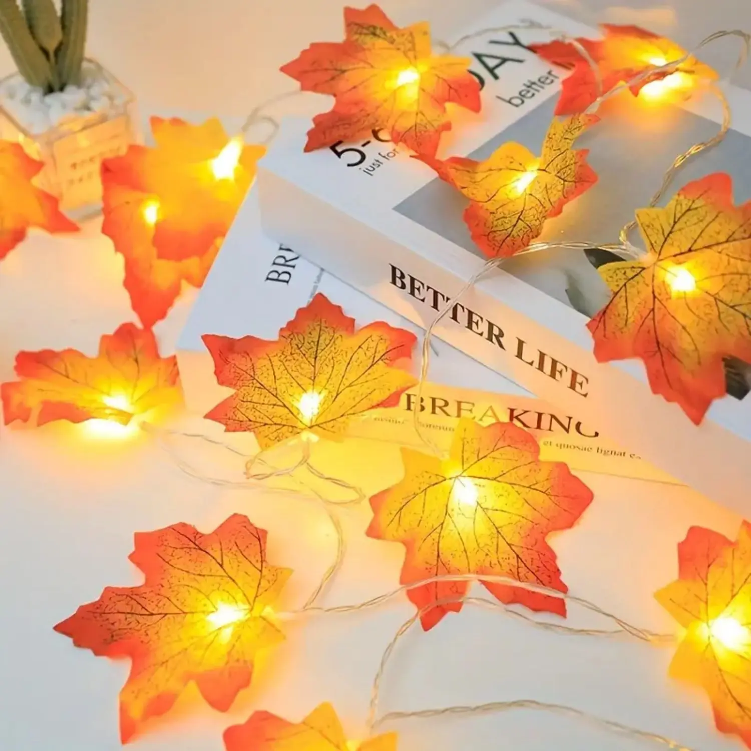 Warm Yellow to Orange LED Maple Leaf Lights - Battery-Powered Indoor Hanging Decorations for Thanksgiving, Halloween, Fall Parti