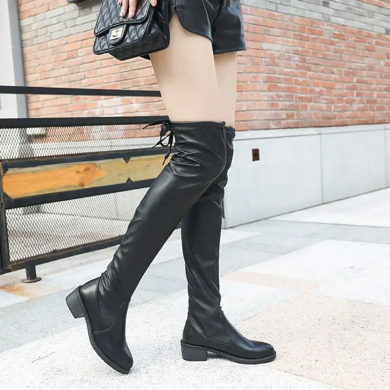 Flat Women's Long Boots Winter 2024 Above Over The Knee Thigh High Ladies Shaft Shoes New In Comfortable and Elegant On Offer Pu