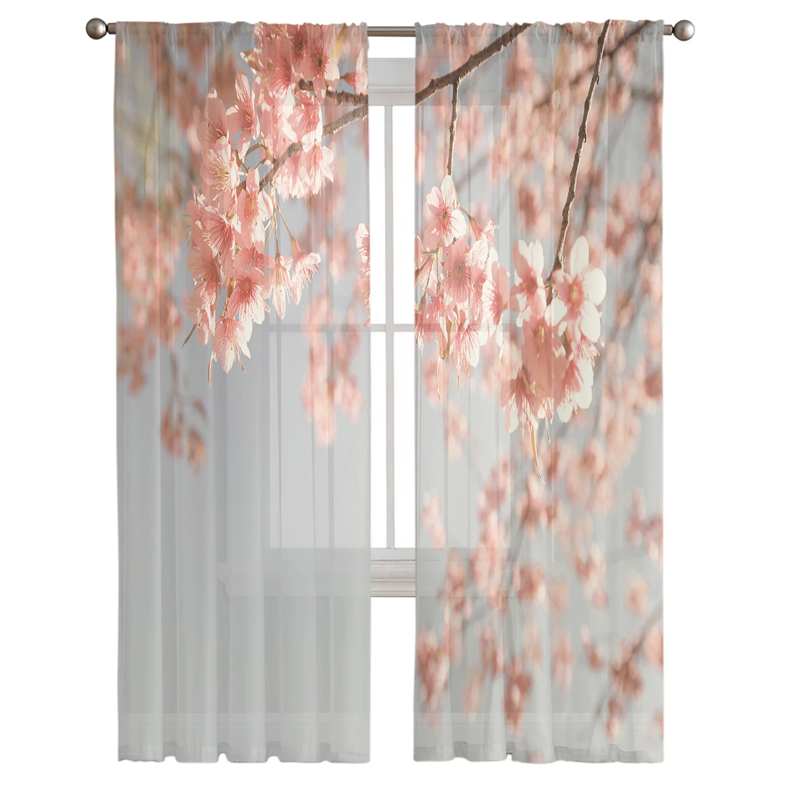 Vintage Cherry Blossom Sheer Curtain for Living Room Bedroom Voile Drape Kitchen Window Tulle Curtains Home Essentials