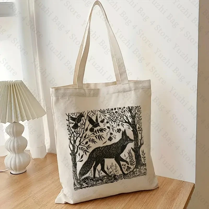 Folklore Forest Fox Lino pattern Tote Bag Canvas Shoulder organizer For Travel Daily Commute Women\'s Reusable Shopping Bags