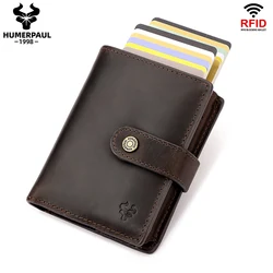 Crazy Horse Leather RFID Credit Card Holder Mens Double Anti Rfid Bank Cardholder Case Wallet Metal Business Minimalist Purse