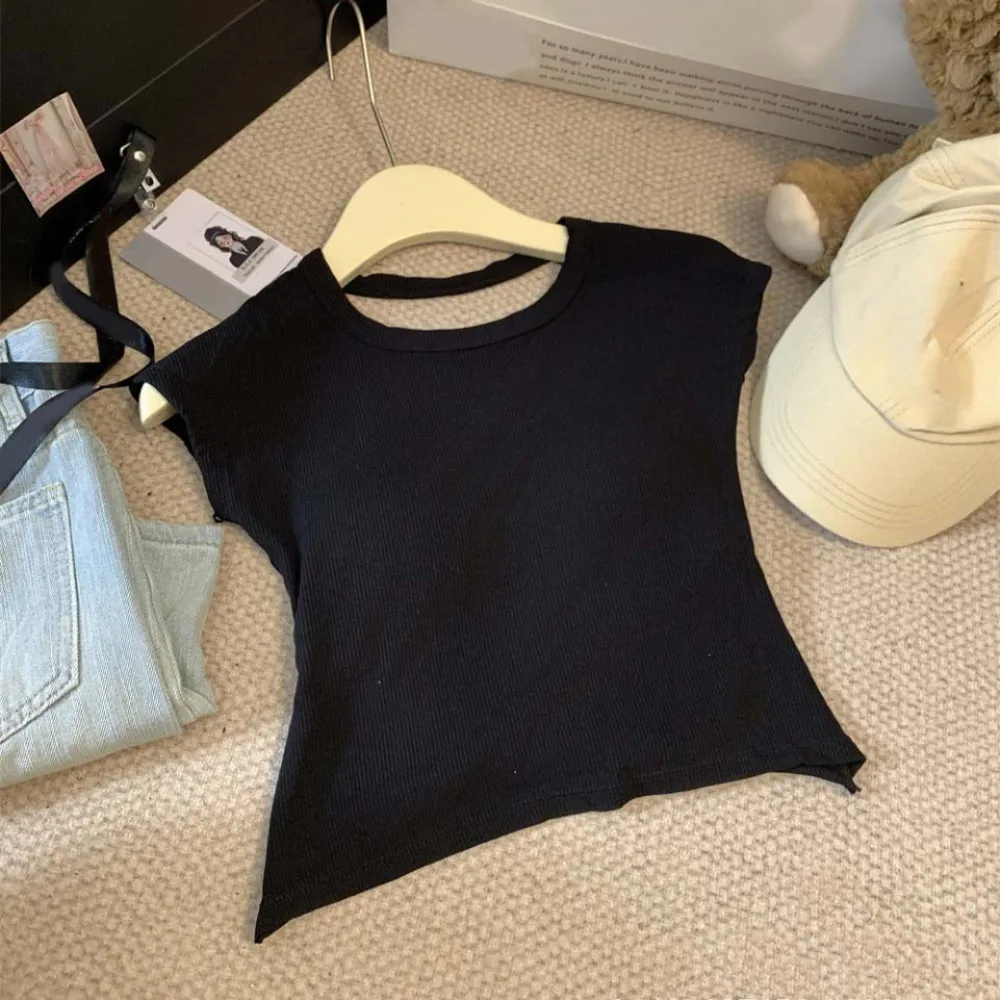 

Elegant Hollow out Beauty Back T-shirt Short Sleeve Y2k Slim Crop Tops Bottoming Shirts Round Neck Vest with Pads Summer
