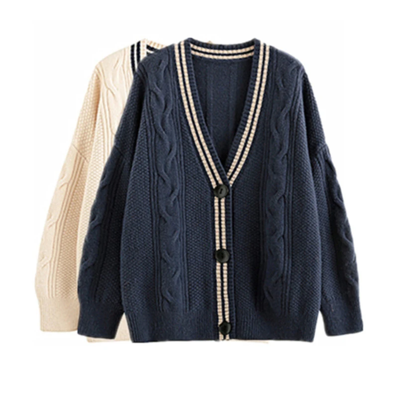 Women Navy Patchwork Knit V-Neck Cardigan Sweater Harajuku 90s Y2k Preppy Style Long Sleeves Sweaters Vintage 2000s Clothes 2024