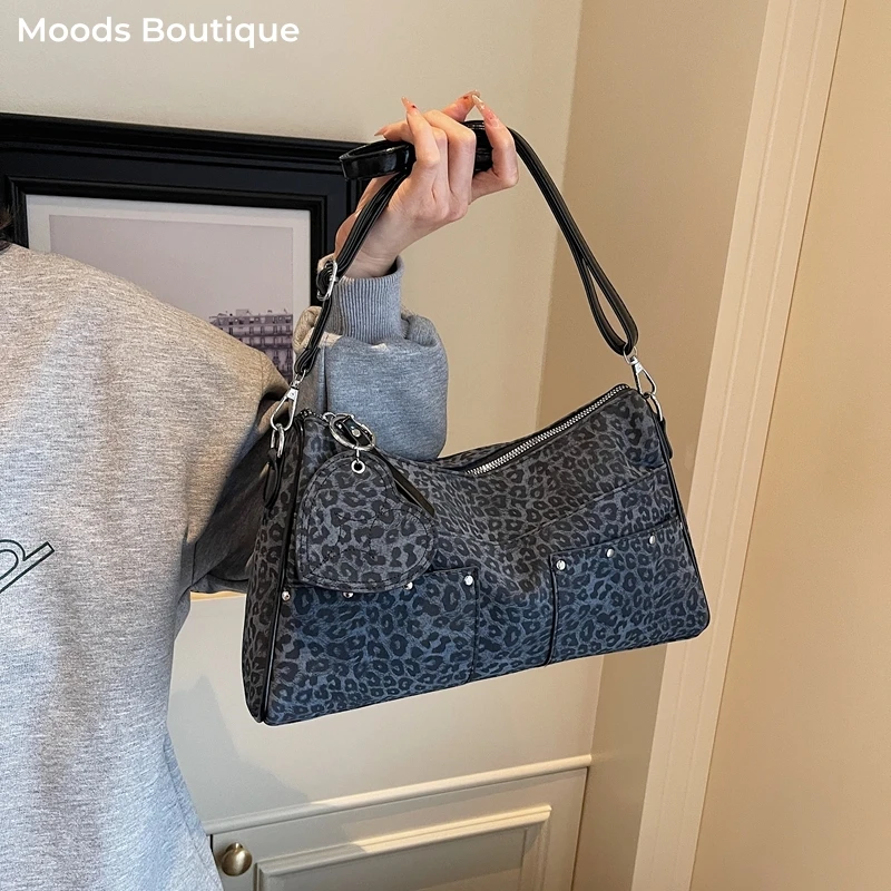 

сумки женские сумка женская через плечо Сумки на плечо с леопардовым принтом животных для женщин, украшенные заклепками, мягкая сумка-шоппер из искусственной кожи, большая вместительная сумка через плечо с подвеской