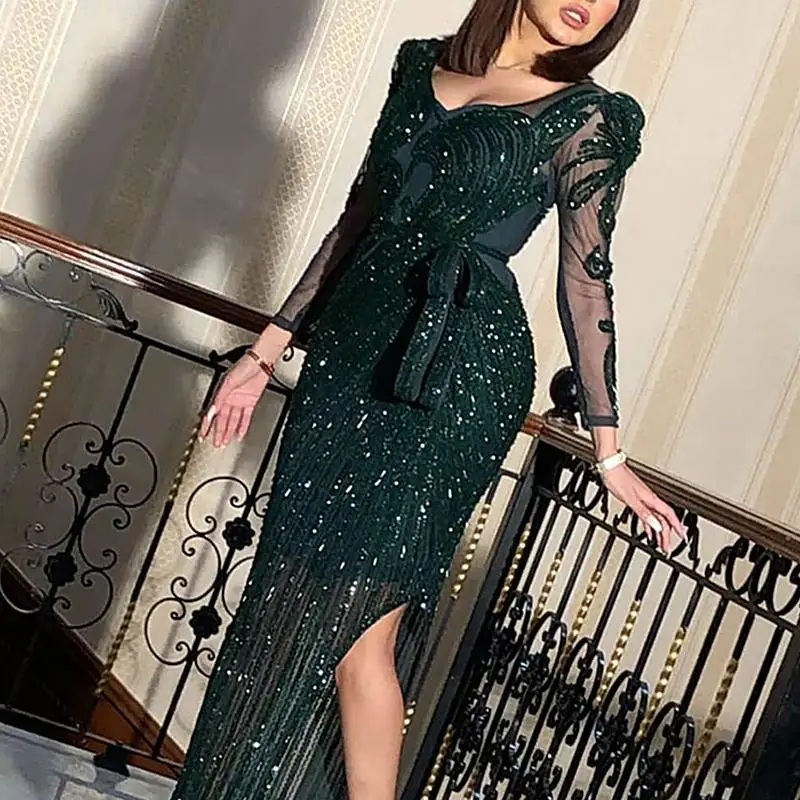 2022 New Fashion V-neck Sparkling Hot Printed Green Long Sleeve Evening Dress Evening Dress for Women Vestidos