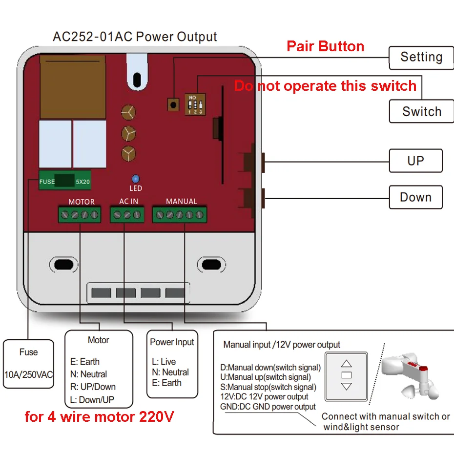 A-OK AC252-01 External Radio Receiver for 4 Wire Motor of AC230V/4 Wire Wind Light Rain Sensor, AC230V 50Hz, RF433.92MHz Receive