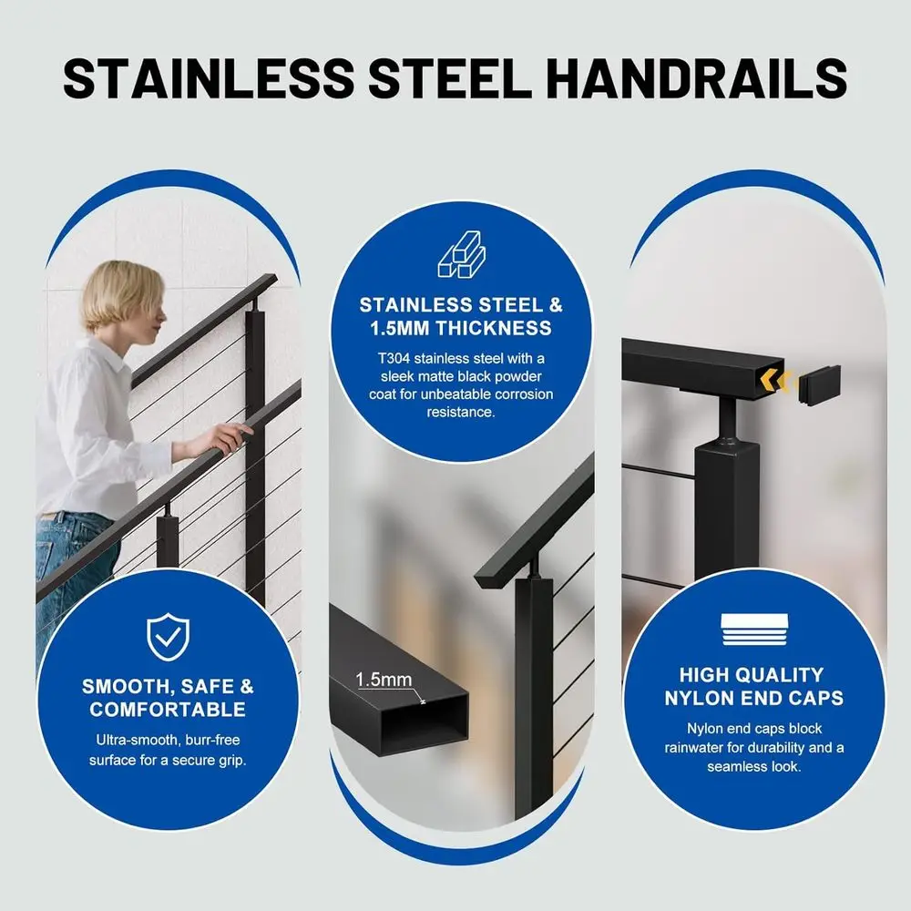 Stainless Steel Handrail for Deck Stair Cable Railing System, Cuttable Rectangular Rail, Indoor Outdoor Use