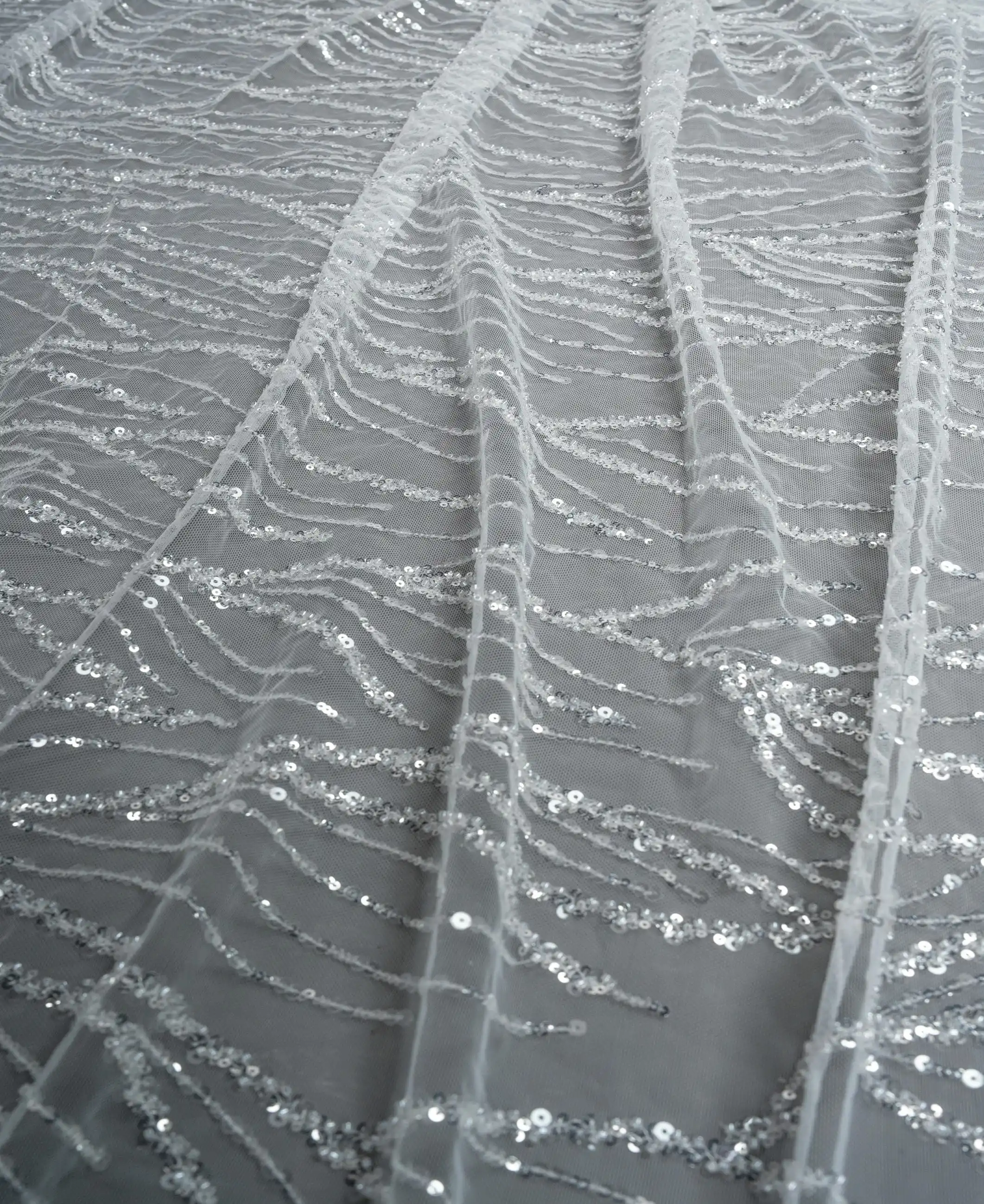 Off White Lace Sequins Sliver Thread Branches Shimmer Tulle Fabric for Wedding Dress Sell by meter