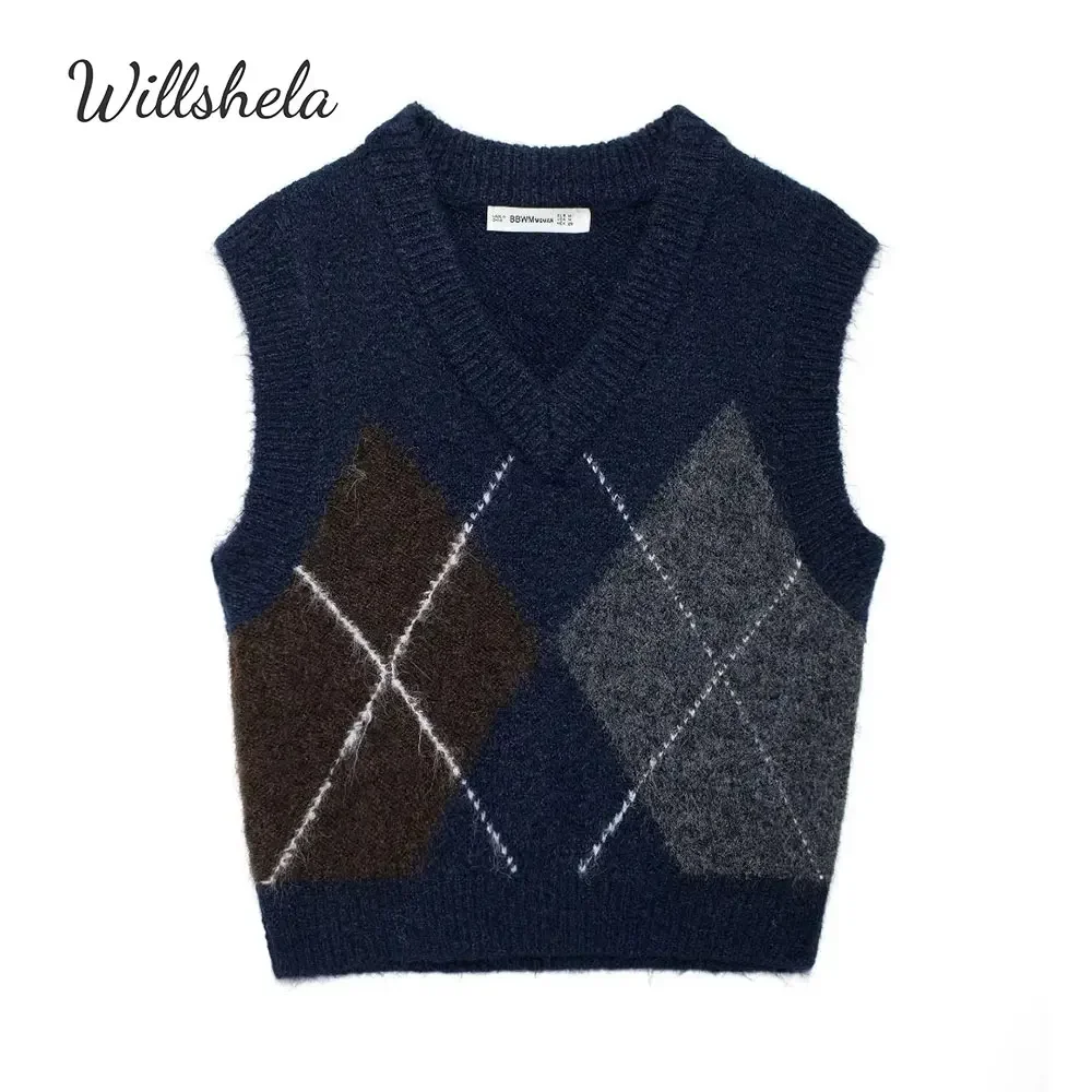 

Willshela Women Fashion Argyle Plaid Knitted Sweater Vest V-Neck Sleeveless Female Chic Lady Casual Tops Mujer Outifts Tank