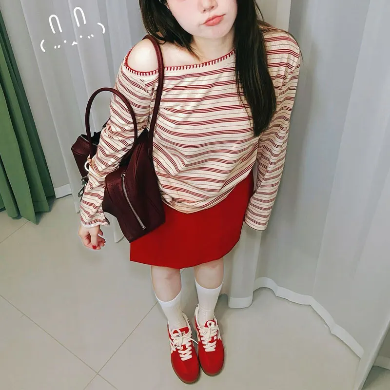 Casual Striped Skew Collar T-shirts Autumn Fashionable Spliced Women's Clothing Korean Contrasting Colors Loose Basic Pullovers