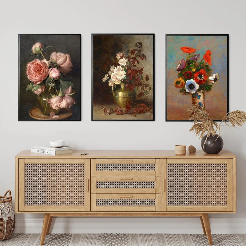 1PC frameless decorative art print,Vintage Floral White Hydrangea Rose Dandelion Posters Prints Canvas Printing Florist Wall Art