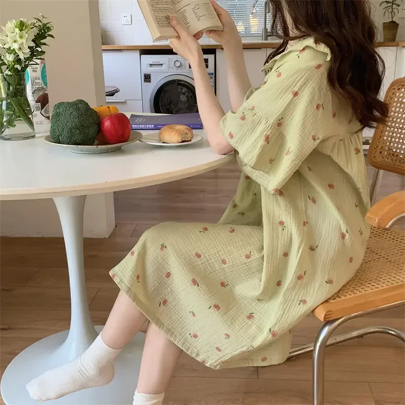 Sweet Night Dress Women Korean Style Pajamas Dress Summer Sleepwear Night Wears for Women Short Sleeve V Neck Homewear Nightgown