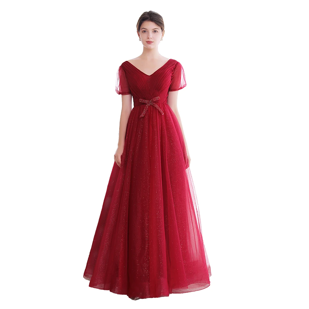 Clearance Evening Dress Elegant Banquet Wine Red Short Sleeve A-line V-neck Floor-length Long Prom Party Gowns for Women