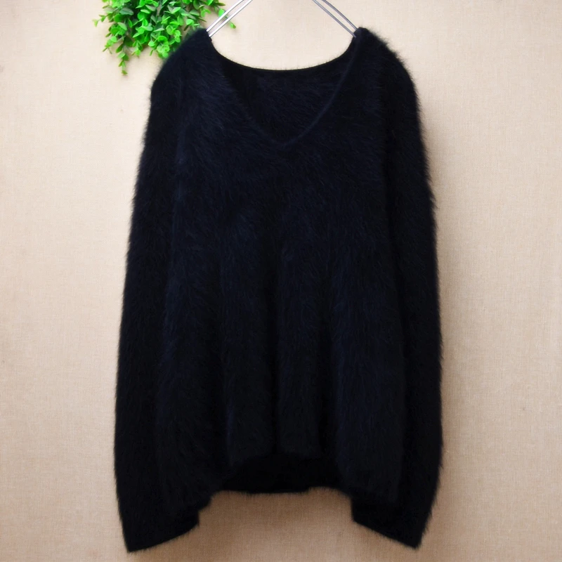 

Women Mujer Autumn Winter Clothing Black Hairy Plush Mink Cashmere Knitted V-Neck Long Sleeves Loose Angora Fur Pullover Sweater