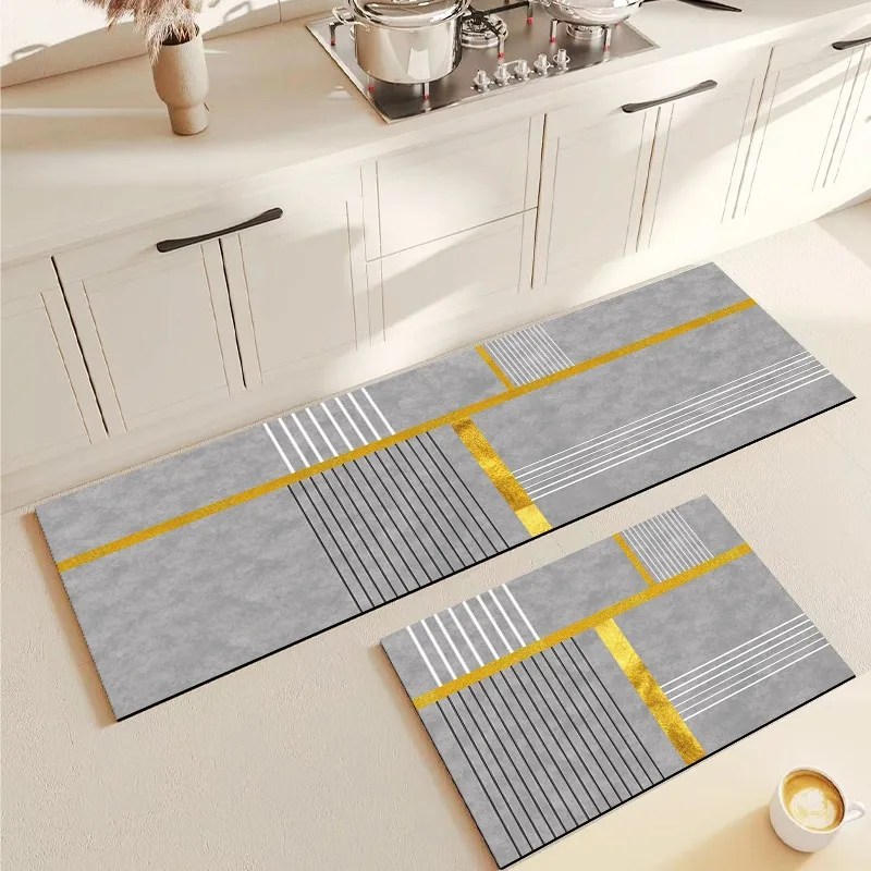 

Kitchen Floor Mat Anti-slip Oil-proof Carpet Pvc Leather Foot Mats Gray Geometric Long Strip Rug Modern Style Home Decor Rugs