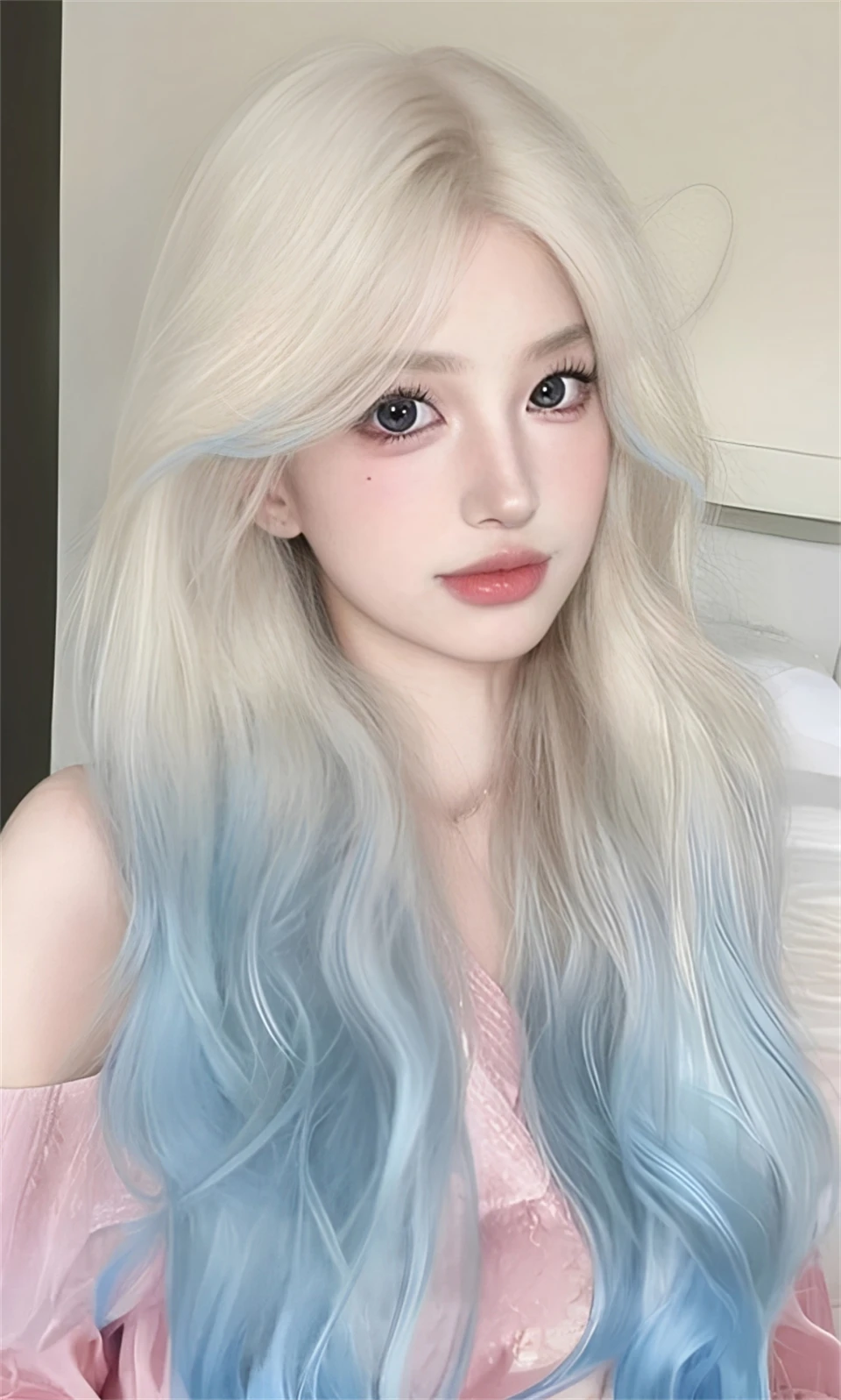 OLACARE onda lunga del corpo blu ombre parrucche cosplay parrucche sintetiche resistenti al calore frangia parrucche Lolita naturali per le donne Halloween