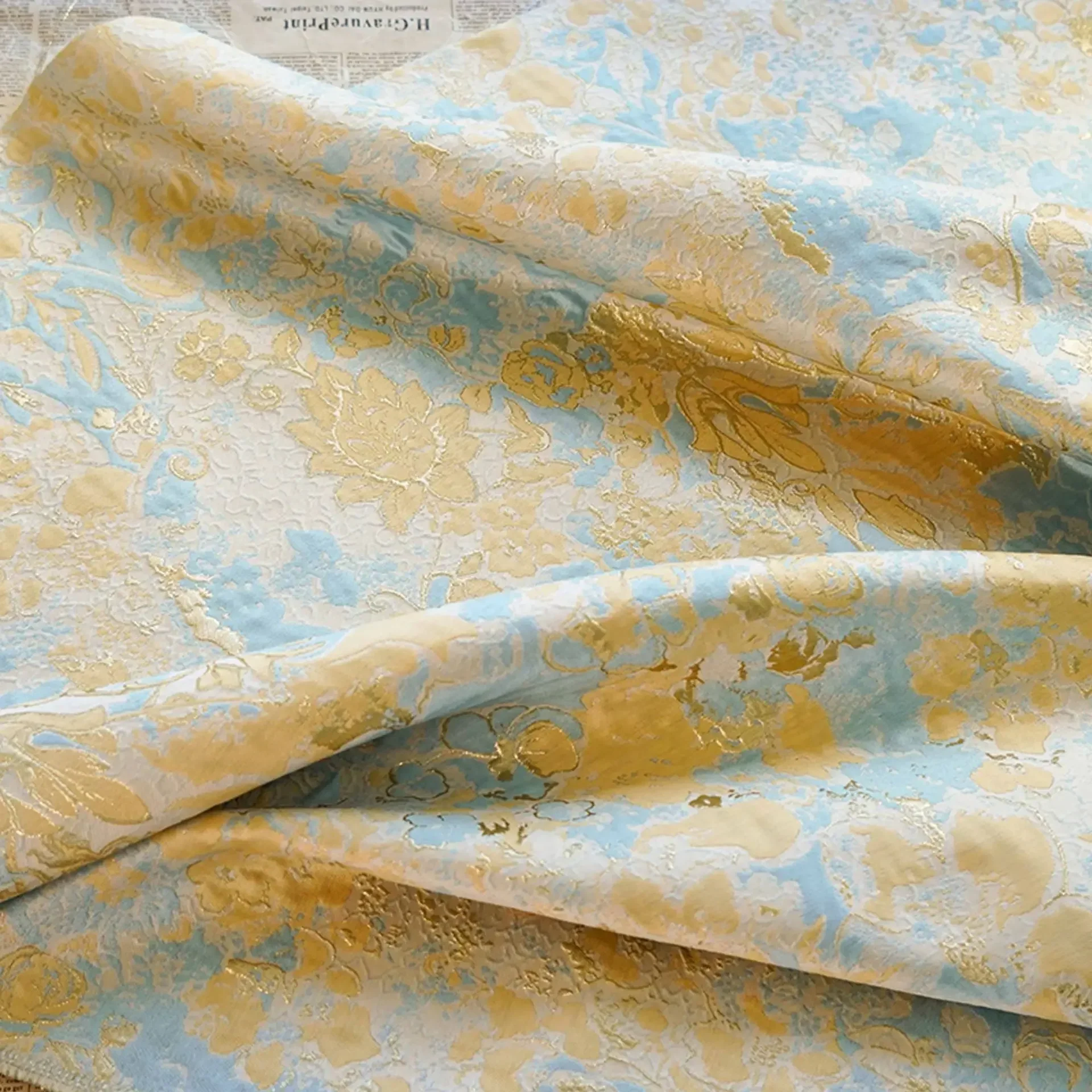 

Embossed Jacquard Fabric Bronzing Yellow Blue Design Sewing Material Cheongsam Dress Garment Fabric 140cm Sold By Meter